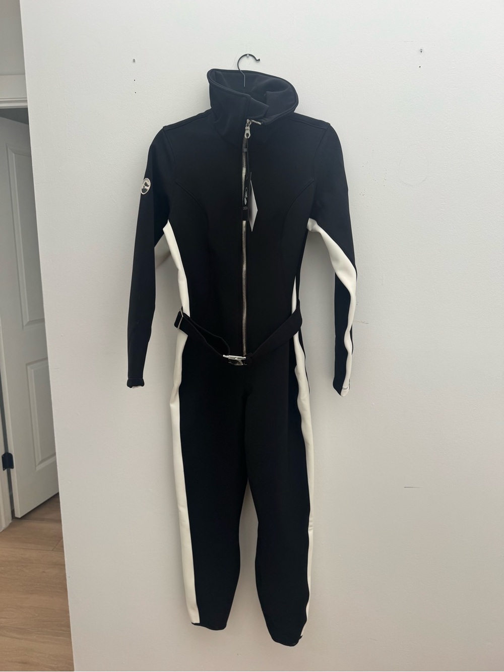 Black and White Zip-Front Women's Jumpsuit with Belt